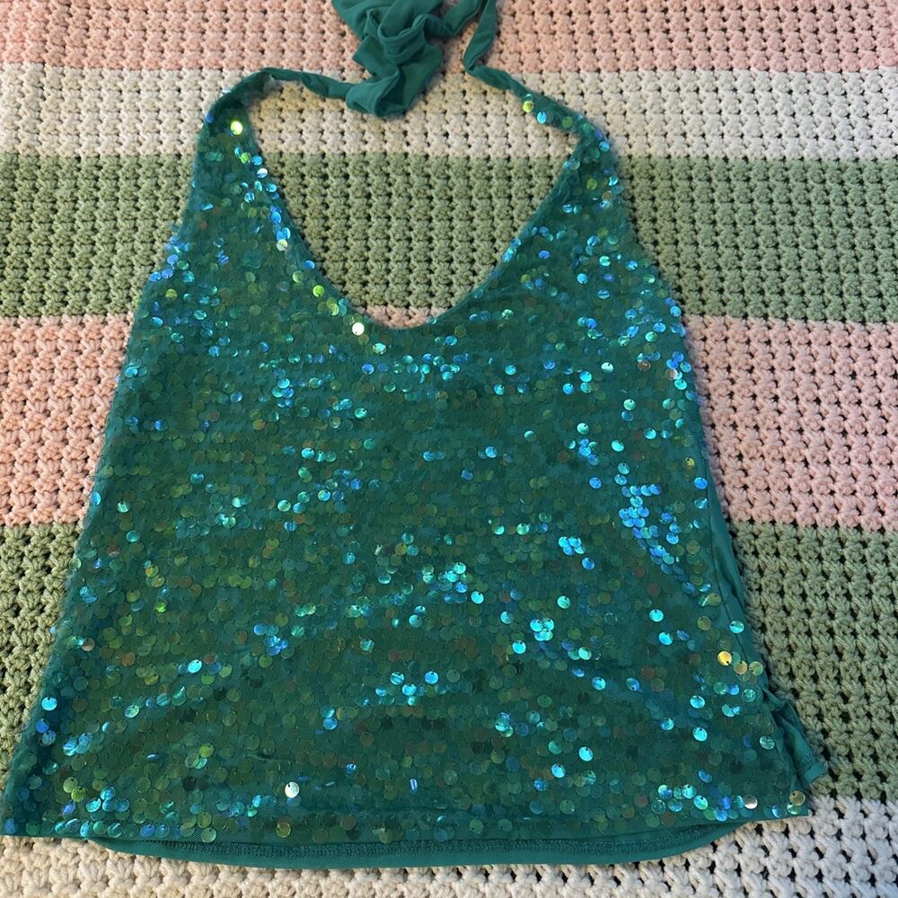 Teal Unbranded Mermaid Sequin V Neck Tie Halter Crop Top Sheer Back Y2K Vibes